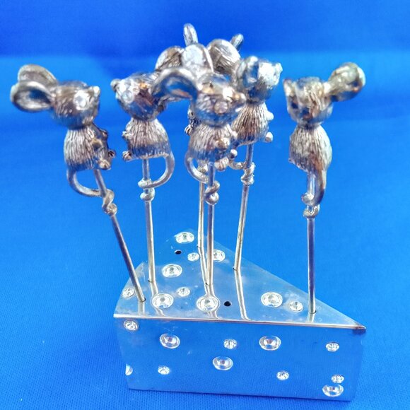 vtg set 6 mouse cheese picks and silverplate holder with crystals charcuterie - Picture 1 of 11